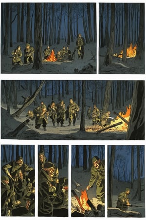Comic panels, forest, soldiers, night, bonfire, illustration by jean-pierre Gibrat, shouting 