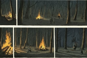 Comic panels, forest, night, bonfire, illustration by jean-pierre Gibrat, no humans 