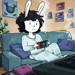 score_9, score_8_up, score_7_up, _r4b_, 1girl, indoors, white skin, couch, Nintendo switch, pajamas, gamer girl