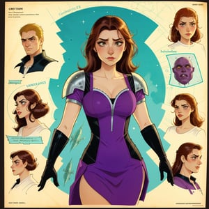 character sheet illustration, female space warrior, role play character, full body, science fiction, illustration, turnaround sheet, futuristic clothing, futuristic armor, eye contact, looking at viewer, brunette ginger, black and purple dress, illustration