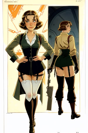 character sheet illustration role play character, full body, science fiction, illustration, turnaround sheet, futuristic clothing, eye contact, looking at viewer, WW2 military uniform and stockings, illustration, (by Jean-Pierre Gibrat:0.2)