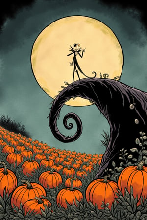 Jack Skellington from The Nightmare Before Christmas, in a pumpkin patch, at night, moon, ink on paper, creepy