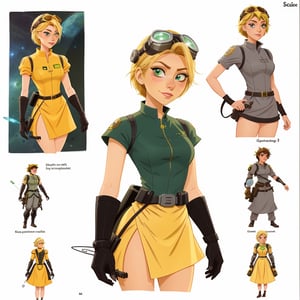 character sheet illustration, female space warrior, role play character, full body, science fiction, illustration, turnaround sheet, futuristic clothing, futuristic armor, eye contact, looking at viewer, short blonde hair, goggles, green eyes, yellow and gray dress, illustration
