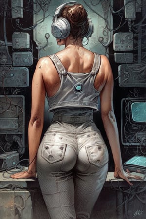 score_9,score_8_up,score_7_up,score_6_up, score_5_up, 1girl, Detailed illustration, portrait of a science fiction character, female, 38-years old, indoors, gritty, futuristic clothing, beautiful, pants, armor, headphones, jumpsuit, electronics, circuitry, from behind