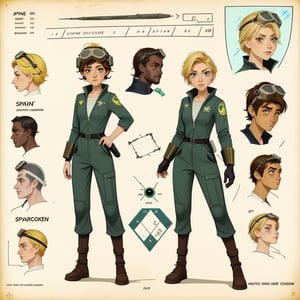 Crew of a starship, character sheet illustration, space warrior, role play characters, full body, science fiction, illustration, turnaround sheet, futuristic clothing, futuristic armor, eye contact, looking at viewer, short blonde hair, goggles, green eyes, jumpsuit, illustration