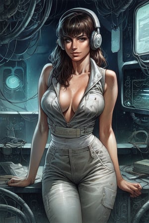 score_9,score_8_up,score_7_up,score_6_up, score_5_up, 1girl, Detailed illustration, portrait of a science fiction character, female, 38-years old, indoors, gritty, futuristic clothing, beautiful, pants, armor, headphones, jumpsuit