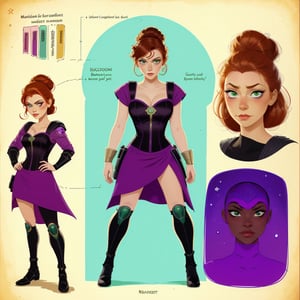 character sheet illustration, female space warrior, role play character, full body, science fiction, illustration, turnaround sheet, futuristic clothing, futuristic armor, eye contact, looking at viewer, Ginger updo, green eyes, black and purple dress, illustration