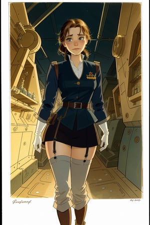 character sheet illustration role play character, full body, science fiction, illustration, turnaround sheet, futuristic clothing, eye contact, looking at viewer, WW2 military uniform and stockings, illustration, (by Jean-Pierre Gibrat:0.2), Anna from Frozen
