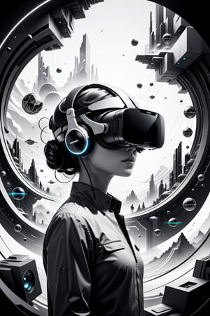 Visualize an intriguing (((illustration))) in a ((line art, monochrome style)) for a modern worker immersed in a (virtual reality) setting. The scene now transports the viewer to an abstract digital landscape, with swirling patterns and ((geometric shapes)) composing the backdrop. The central figure stands out with detailed ((bold lines)) and soft shading, wearing a VR headset, suggesting a mix of focus and fascination. Surrounding them, advanced virtual elements like floating screens and holographic displays blend seamlessly with the futuristic environment. The monochrome palette gives the image a timeless quality, while the clean design aesthetic reflects a modern touch. This advanced illustration invites the viewer to contemplate the boundless potential of virtual exploration and creativity, presented in a compelling flat vector style.