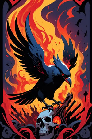 Byzantine-style image, vector that portrays the menacing gaze of a diabolical black crow skull, its eyes blazing with a fiery red, set against a backdrop of bones and chaos, evoking a sense of destruction and malevolence. In the Byzantine tradition, infuse the scene with rich and opulent colors, ornate details, and intricate patterns.