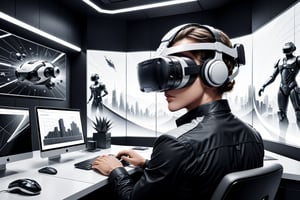 Visualize an unforgettable illustration drawn in a (((line art, monochrome))) style evoking a futuristic office setting. The focal point is a precise close-up of a modern worker wearing a (((VR headset))), embodying a mix of concentration and wonder. The scene is characterized by clean, simple lines and efficient patterns, reflecting a sense of modernity and advanced technology. The worker's attire and the surroundings are elegantly drawn in (monochrome) tones with subtle shading variations, bringing a sense of depth and complexity to the composition. Futuristic digital devices and tools float around the scene, intricate details drawn using minimalist line art, adding an air of sophistication and advanced tech to the illustration