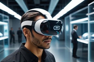 A (((close-up portrait))), captured in the present moment, of a contemporary ((worker)) fully immersed in a ((virtual reality environment)), within a sleek, futuristic office space where the digital and physical realms merge seamlessly. The scene is alive with cutting-edge technology, as the individual wears a highly advanced VR headset, their expression a mix of concentration and wonder amidst an array of holographic displays, floating screens, and virtual tools that meld harmoniously with the modern workspace. The advanced prompt captures the essence of the future of work, where technology enables individuals to transcend traditional boundaries and unlock limitless possibilities for creativity and productivity.