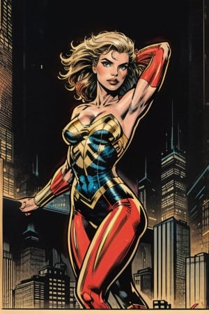 A (((comic book-style image))) featuring a powerful and distinctly drawn (((female character))), poised in a dynamically elegant ((pose)), with exaggerated features and vivid colours that capture the essence of her persona. She stands confidently against a (background that suggests a modern cityscape), with expressionistic details that convey her personality and mood