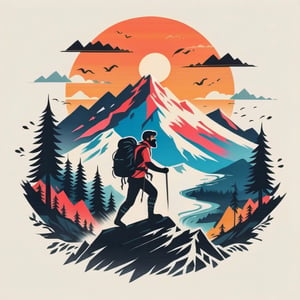 A (((mountain hiker))) confidently displaying the essence of adventure through a dynamic silhouette, with a (vivid mountain scene unfolding around them), evoking a sense of movement and vitality. The scene is bursting with intricate details and an invigorating color palette that speaks to the thrill of the great outdoors. The word 'Adventure' boldly proclaims a motivational message that calls to those with a passion for outdoor exploration