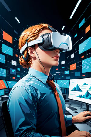 Visualize an imaginative (((flat vector illustration))), depicting a cutting-edge office environment of the future. Focus on a close-up of a modern worker wearing a VR headset, with their face partly obscured. The scene exudes sleek technology and innovation, with clean lines, bold colors, and simplified shapes. The worker's expression suggests intense concentration or wonder as they interact with the virtual world, surrounded by floating screens, holographic displays, and virtual tools, all intricate details in (((flat vector style)))