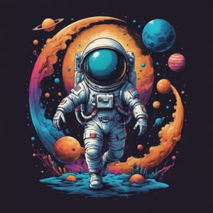 Create a t-shirt design that combines space exploration with a touch of whimsy. Think about astronauts riding on the backs of friendly alien creatures or floating among colorful planets.