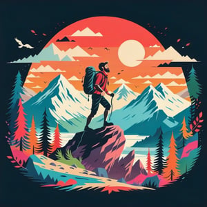 A (((mountain hiker))) confidently displays the essence of adventure through a dynamic silhouette, with a (vivid mountain scene unfolding around them), evoking a sense of movement and vitality. The scene is bursting with intricate details and an invigorating colour palette that speaks to the thrill of the great outdoors. The word 'Adventure' boldly proclaims a motivational message that calls to those with a passion for outdoor exploration