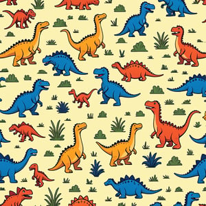 Design a playful (((step and repeat pattern))) featuring children and dinosaurs in a whimsical, kids' book style. Each figure should be distinctly drawn with bright, kid-friendly colors and patterns that echo classic children's book illustration styles. The scene should cohere into a seamless, well-balanced composition that invokes a sense of joyous discovery. Let the individual personalities of the children and dinosaurs stand out without sacrificing the overall harmony of the pattern