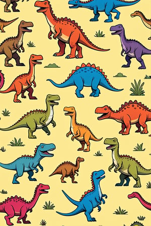 Design a playful (((step and repeat pattern))) featuring children and dinosaurs in a whimsical, kids' book style. Each figure should be distinctly drawn with bright, kid-friendly colors and patterns that echo classic children's book illustration styles. The scene should cohere into a seamless, well-balanced composition that invokes a sense of joyous discovery. Let the individual personalities of the children and dinosaurs stand out without sacrificing the overall harmony of the pattern
