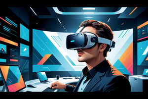 Visualize an imaginative (((flat vector illustration))), depicting a cutting-edge office environment of the future. Focus on a close-up of a modern worker wearing a VR headset, with their face partly obscured. The scene exudes sleek technology and innovation, with clean lines, bold colors, and simplified shapes. The worker's expression suggests intense concentration or wonder as they interact with the virtual world, surrounded by floating screens, holographic displays, and virtual tools, all intricate details in (((flat vector style)))