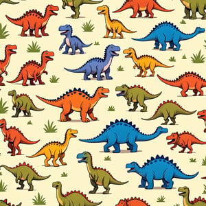 Generate a vibrant step and repeat pattern design inspired by children's book illustrations, featuring an assortment of playful kids and dinosaurs. Each child and dinosaur should exhibit unique characteristics and expressions, with a variety of poses and interactions to add charm and visual interest. Use a lively color palette reminiscent of classic children's book artwork, including bright primaries and soft pastels.

Arrange the children and dinosaurs in a seamless step and repeat pattern across the surface, ensuring a balanced composition with equal spacing between each character. Experiment with different orientations and arrangements to create a dynamic and engaging design.

Incorporate elements of whimsy and imagination, such as children riding dinosaurs, playing games, or exploring fantastical landscapes together. Maintain a consistent style throughout the pattern to ensure coherence and unity.

Consider adding subtle textures or patterns in the background to enhance depth and visual richness. Aim for a design that evokes joy and wonder, suitable for children's products, decor, and apparel.

The final pattern should be captivating and delightful, inviting viewers of all ages to explore its playful scenes and characters.