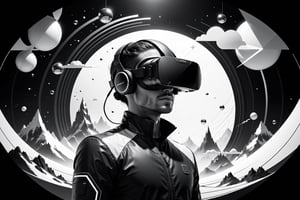 Visualize an intriguing (((illustration))) in a ((line art, monochrome style)) for a modern worker immersed in a (virtual reality) setting. The scene now transports the viewer to an abstract digital landscape, with swirling patterns and ((geometric shapes)) composing the backdrop. The central figure stands out with detailed ((bold lines)) and soft shading, wearing a VR headset, suggesting a mix of focus and fascination. Surrounding them, advanced virtual elements like floating screens and holographic displays blend seamlessly with the futuristic environment. The monochrome palette gives the image a timeless quality, while the clean design aesthetic reflects a modern touch. This advanced illustration invites the viewer to contemplate the boundless potential of virtual exploration and creativity, presented in a compelling flat vector style.