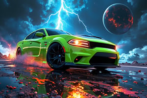 Style: The aerial view image should be detailed in a neo-expressionist style, capturing bold contrasts and dynamic textures, reminiscent of Hajime Sorayama’s work.
	•	Content: The image should depict a Dodge Charger R/T, painted in a striking Neon Lime Green and Smoky Black color scheme, fitted with a Celestial Storm Kit 2088. The car is shown speeding through a cosmic thunderstorm, with bolts of multi-colored lightning striking all around, charging the air with energy. The road is a pathway of shattered stardust that illuminates beneath the vehicle’s tires, while planets in the background rumble and shift. The Dodge Charger R/T should be the focal point, with its headlights casting a sharp beam into the swirling storm, evoking a sense of power and danger.
	•	Resolution: The image should be in 4k resolution.
	•	Medium: The image should be painted in oil and acrylic.
	•	Color Scheme: The image should have an RGB color scheme with 40 levels of saturation.
	•	Aspect Ratio: The aspect ratio of the image should be 16:10.
	•	Additional Effects:
	•	Apply the Electric artistic effect with a strength of 6.
	•	Use a quality level of 100.
	•	Apply the stylize filter with a strength of 490.
	•	Add a degree of chaos to the image with a strength of 60.
	•	Repeat the entire process 14 times to enhance visual drama.
	•	Add a layer of chaotic blur with a strength of 65.