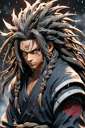 oung anime dreadhead boy in the in style of Madara Uchiha. a cold look from a aggressive killer. Insane beautiful, extremely long and extreme double thick, ultra dense and straight dreadlocks. all dreadlocks fall strictly evenly from the head in all directions and fall over the whole face. 4k. hyperrealistic. —chaos 90 —ar 3:4 —style raw —stylize 900 —v 6.1