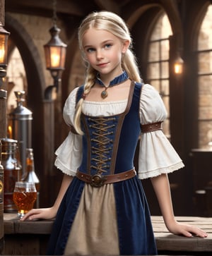 slim body, (masterpiece, best quality, highres:1.3), (1 girl:1.3), extremely realistic human face, full body, Medieval dress, 10-year old little girl, tavern, fantasy setting, blonde hair,steampunk style,photorealistic