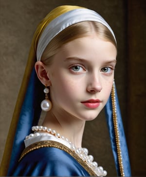 12-year old girl (1 slim girl) Vermeer, Girl with a Pearl Earring, (masterpiece, best quality, highres:1.3), ball gown, blonde hair