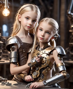 little_girl 10-year-old, slim body, (masterpiece, best quality, highres:1.3), (1 girl:1.3), (using tools), (building cyborg), extremely realistic human face, shy smile, full body, girl with mechanical arm, steampunk dress, work table, cyborg girl using tools to build cyborg arm, subdued lighting, blonde hair,steampunk style
