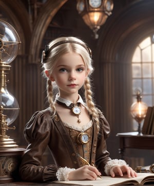slim body, (masterpiece, best quality, highres:1.3), (1 girl:1.3), extremely realistic human face, full body, steampunk gown, 10-year old little girl in study, elaborate room, blonde hair,steampunk style,photorealistic