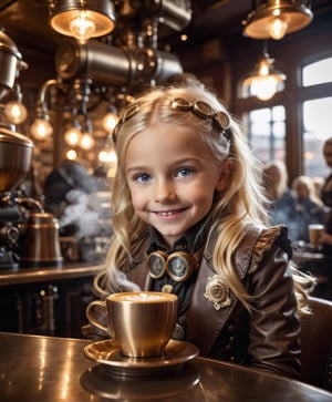 little_girl 10-year-old, blonde hair, sitting in a steampunk coffee shop, looking into the camera over a mug of steaming coffee, smiling, dramatic light, flash, ultra - realistic wind machine, super wide angle, she is very detailed in 8K,steampunk style