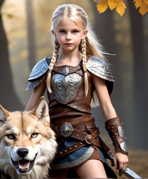 slim body, (masterpiece, best quality, highres:1.3), (1 girl:1.3), extremely realistic human face, full body, Viking dress, 10-year old little girl with sword, fantasy setting, ferocious wolf, blonde hair,steampunk style,photorealistic