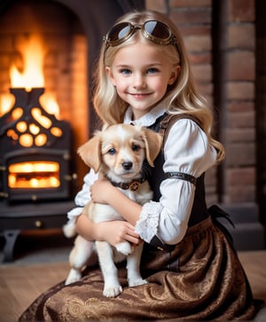 10-year old girl, (1 slim girl) (masterpiece, best quality, highres:1.3), playful young girl, shy smile, study with fireplace, sexy dress, blonde hair, holding a puppy, steampunk style