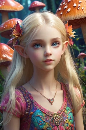 1 Little Elfin girl,12 years old,(slender), high resolution, detailed, blonde hair, psychedelic mushrooms for hair, detailed eyes
