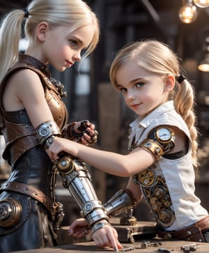 little_girl 10-year-old, slim body, (masterpiece, best quality, highres:1.3), (2 girls:1.3), extremely realistic human face, shy smile, full body, steampunk girl repairing arm of cyborg girl, cyborg girl on workbench, blonde hair,steampunk style