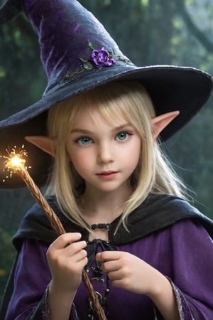 1 Little Elfin girl,12 years old,(slender), high resolution, detailed, blonde hair, witches hat, detailed eyes, magic wand casting dramatic spell