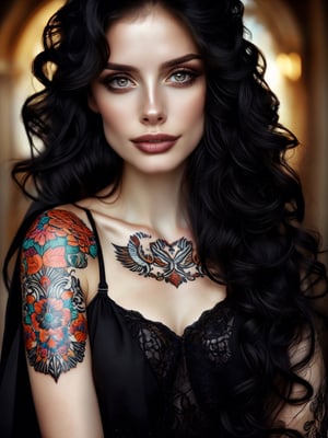 Best quality, masterpiece, super high resolution, (realism: 1.4), face , tattoos ((, black curly hair, long hair)) , pale skin, bedhead, goth, happy 