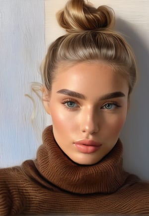 1girl, solo, looking at viewer, blue eyes, blonde hair, brown hair, closed mouth, hair bun, sweater, lips, turtleneck, portrait,, realistic, black sweater,ENHANCE,photorealistic,4k