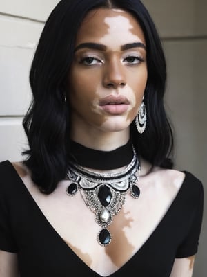 Fashion style of a white girl with vitiligo, pale skin, long, straight black hair.  black dress  Very detailed.
