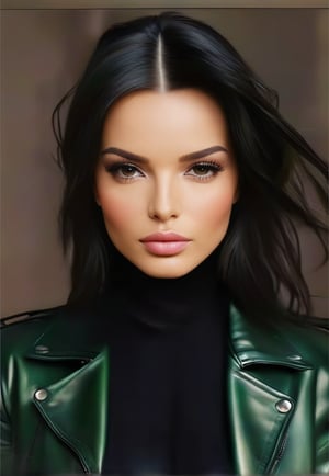 1 girl, looking at the viewer, green eyes, straight and loose black hair, closed mouth, lips, leather vinyl jacket, gothic makeup, portrait, realistic, IMPROVE, photorealistic, 4k full body.