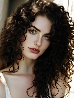 Best quality, masterpiece, super high resolution, (realism: 1.4), face , tattoos ((, black curly hair, long hair)) , pale skin, bedhead ,happy 