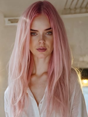 A close up of a woman with pink hair and a white shirt, Beautiful Delfina, straight pink hair, ava max, Long loose pink hair, Long pink hair, with pink hair, pastel light pink very long hair, Faint pink hair , Long bubblegum hair, light pink hair, flowing pink hair, Light pink hair with pink flames, pink hair, Pink girl