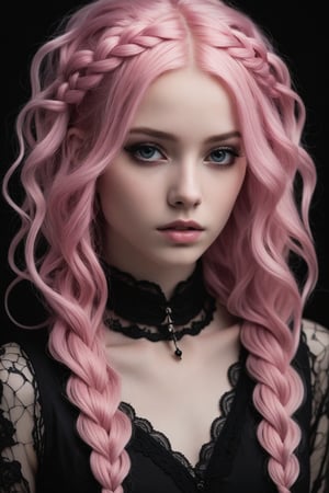 A hauntingly beautiful portrait of a young girl, 22 years old, dutch angle, her delicate features are framed by a tangle of intricately braided pink hair, drawing the viewer into her captivating gaze, wearing black, she seems to melt into the shadows that surround her, there's a certain luminosity about her - inner glow, subtle yet vibrant colors creates an ethereal atmosphere that's both mesmerizing and unsettling, dramatic lighting effects, perfectly captures the essence of modern goth culture, showcasing its blend of elegance and mystery and macabre styles, style of Anato Finnstark 
