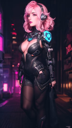 Full body portrait, mature elf girl with Ava Max likeness, cyberpunk aesthetics, pink and blue palette, dreamy hyper-feminine cybernetic enhancements, hyperrealistic, confident gaze, delicate facial details, voluminous pink hair, glowing neon, high contrast, ultra-realistic reflections, sharp eyes, illuminated by mysterious LED lighting, digital painting, ultra-fine, 8k resolution, highly detailed