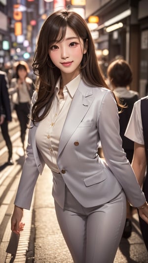 A photorealistic image of Bomi, a young and cute Japanese girl, standing in a medium body shot with a front view. She's dressed in a British-style deep grey gentleman's button blazer suit and waistcoat, paired with long trousers. Her face is beaming with a bright smile, showcasing her plastic surgery-enhanced features: huge shining round eyes, small chin, and high-bridged nose. Her extra long hair falls down her back, with fringes that blur slightly at the edges. She's bent over, waist-length, in a Tokyo street setting.