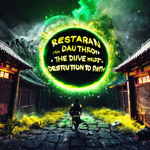 Text that reads
 "Restrain the heavenly dao. All souls beneath the heavens must suffer divine tribulation. Free thyself from convictions that lead only to destruction and walk the path of the true dao!"
in yellow, black,metallic,white, green, neon, sparkles,smoke,planet
,Cultivation,photo r3al,scenery