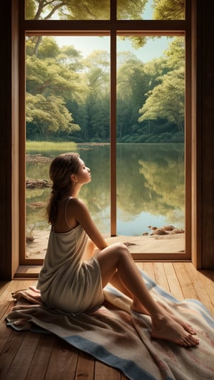 A serene still life of a lone girl, lost in thought as she sits on a blanket by the tranquil lake's edge, surrounded by muted hues of sandy beige and weathered wood. Her figure stretches out hyperrealistic intricate details, as if frozen in mid-twist, amidst a tapestry of lush greenery. The masterpiece unfolds before us, with every stroke of brushwork meticulously rendered to evoke an air of quiet contemplation.