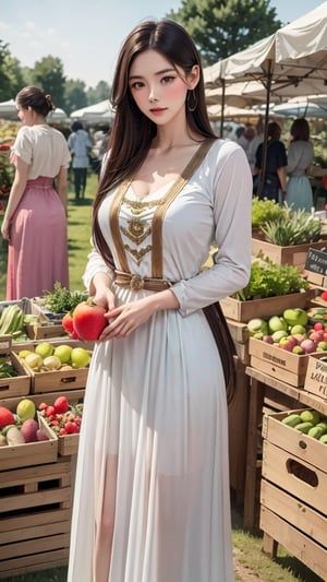 A medieval girl in traditional dress, vegetables and fruits, at a farmer's market, mysterious medieval, masterpiece,High detailed,watercolor,simplecats,swedish dress,Sugar babe 